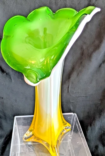Vintage Murano Style Art Glass Jack-in-the-Pulpit Vase Green White Yellow Cased