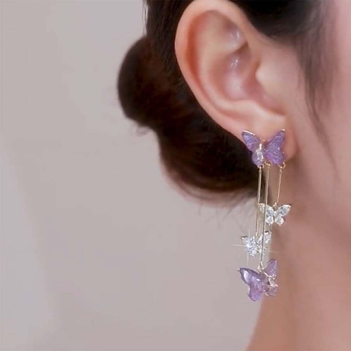 Pendientes colgantes de mariposa de cristal brillante para mujer - Imagen 2 de 12