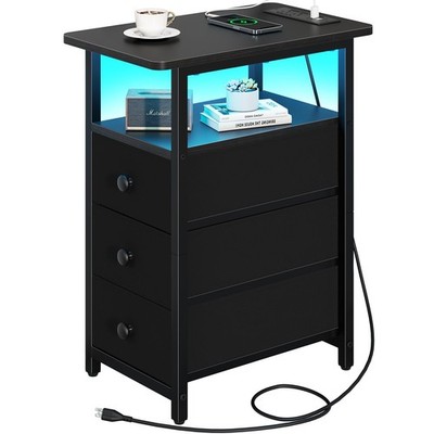 End Table with Charging Station, LED Narrow Side Table Bedside Table, Small N...