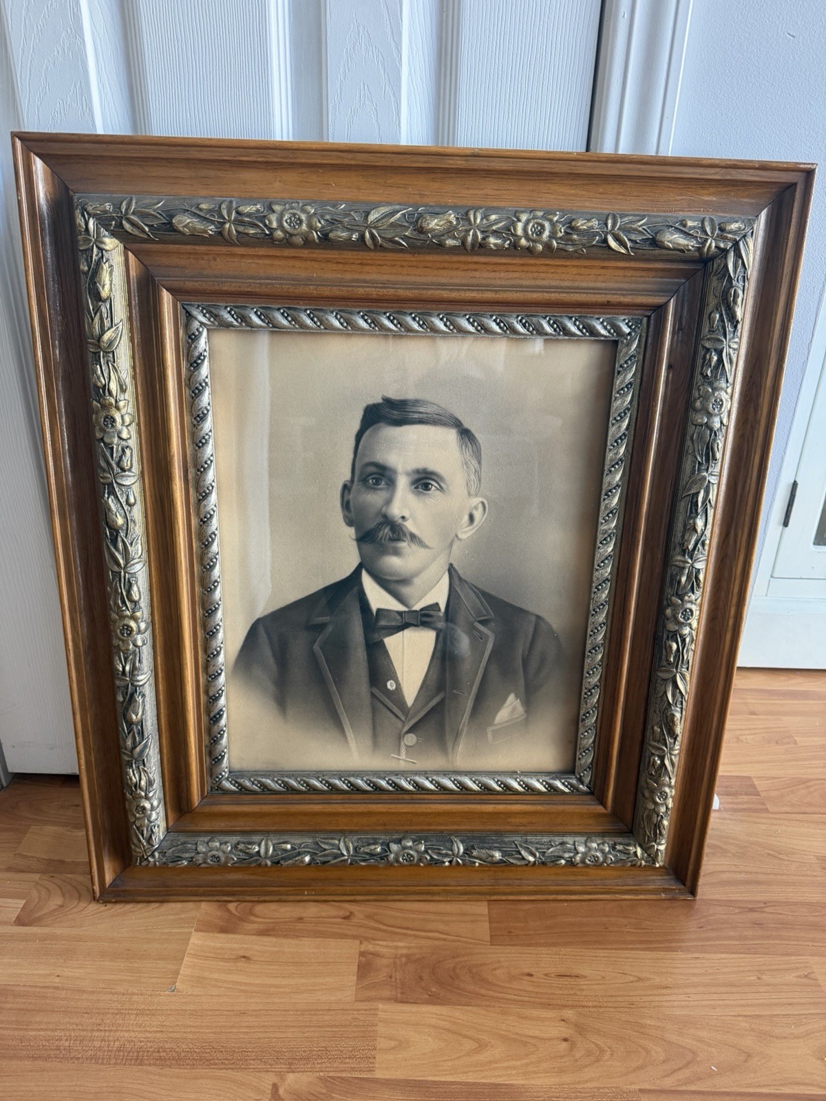 Antique Portrait Huge Ornate Frame Wood 1800s Early 1900s Mustache Man Gentleman