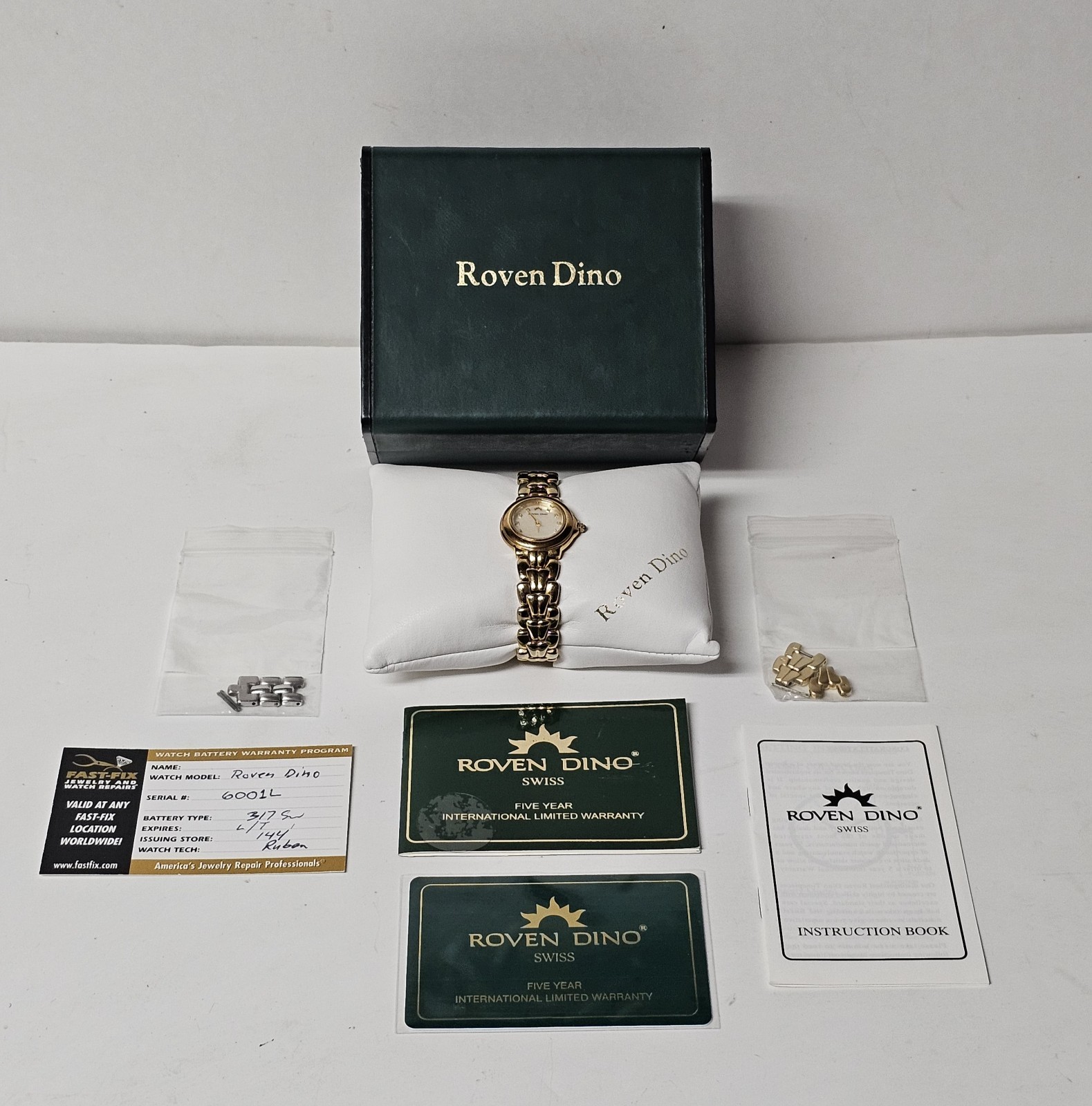 Roven Dino Watch Date Indicator Gold-Plated Crystal 8" w/ Manual, Papers, & Box