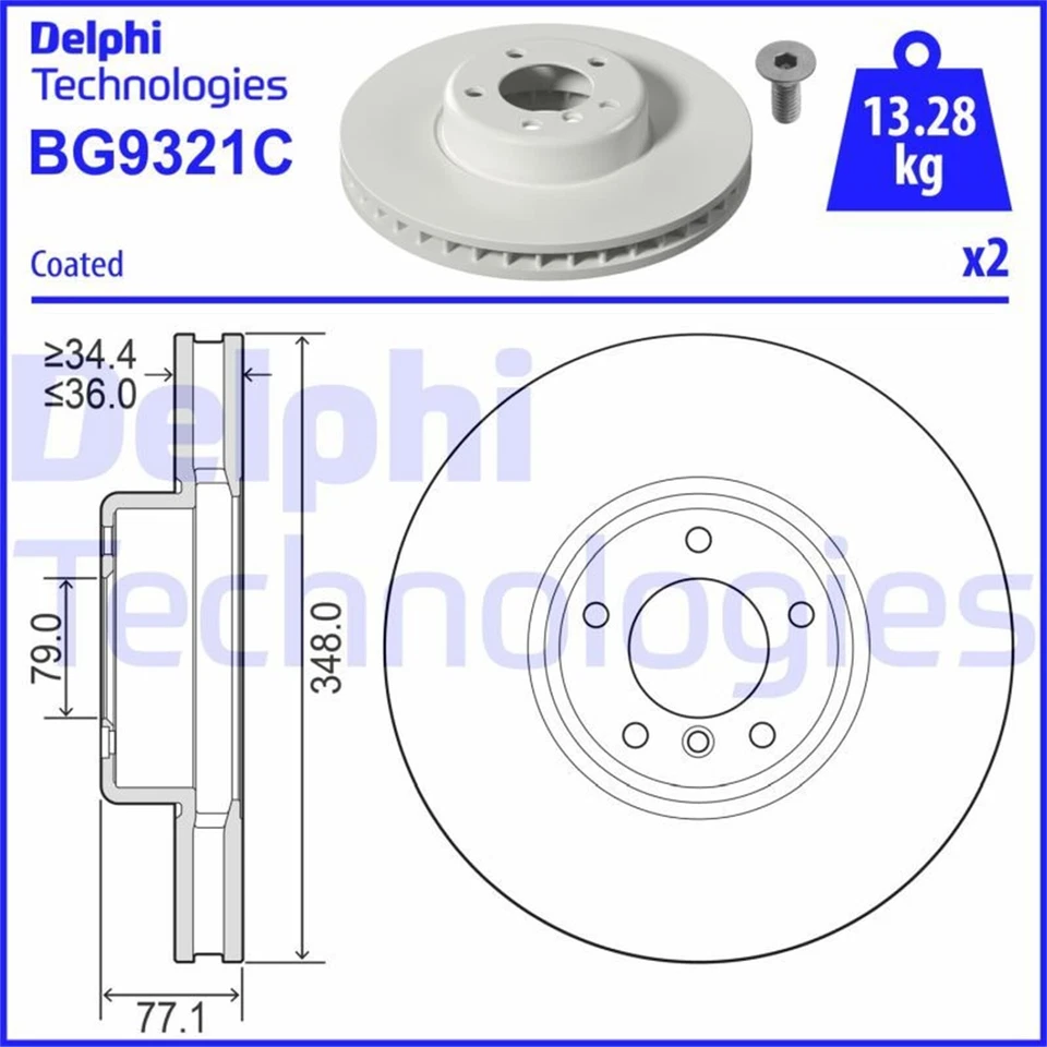 2X DELPHI Discos de Freno 348mm Ventilado Delant. Apto Para BMW 5 6 BG9321C - Imagen 3 de 3