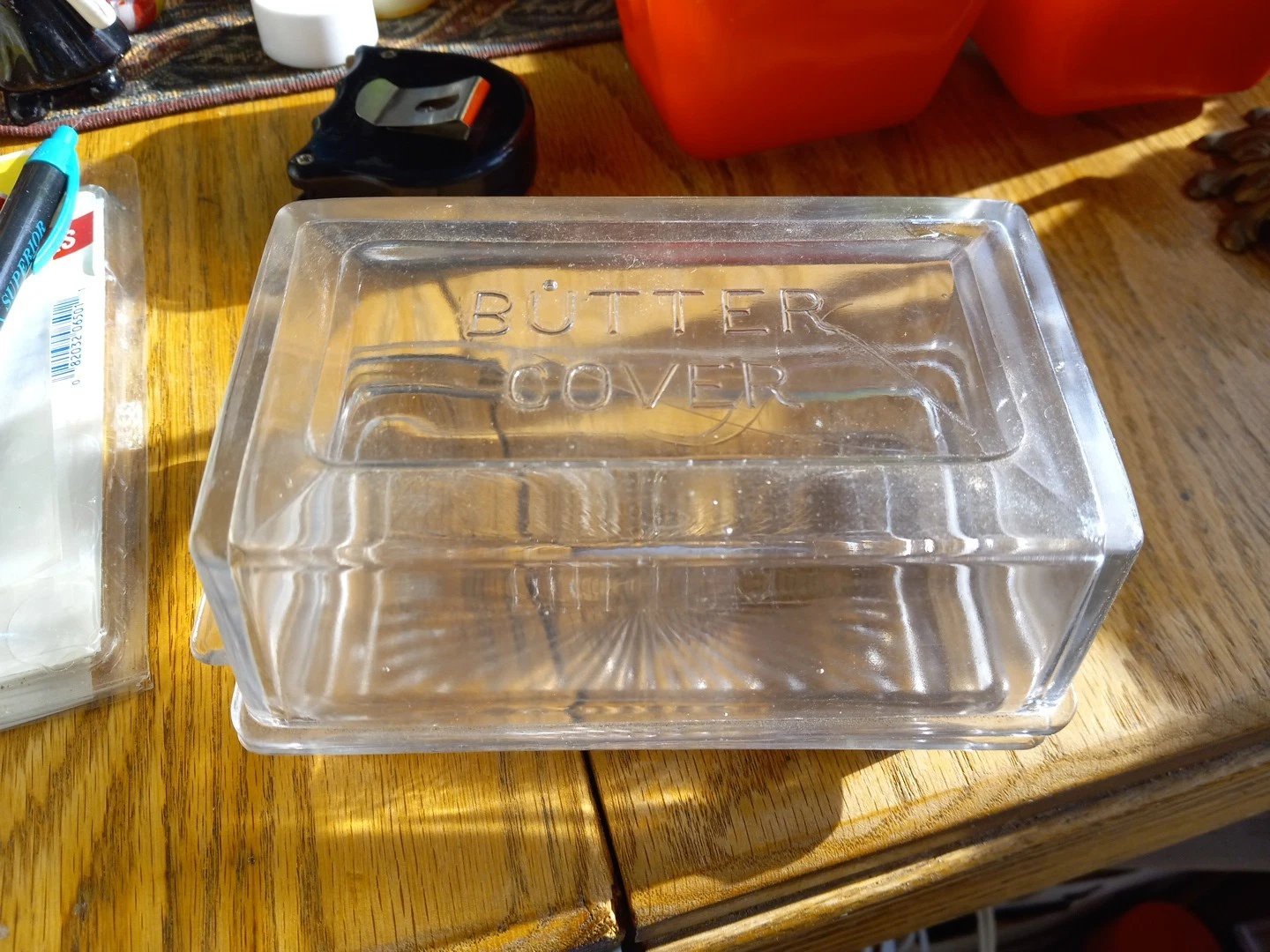Vintage 1930s 1 Pound Pressed Glass Butter Dish Butter Cover Bottom Embossed