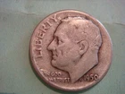 1950 D album filler Roosevelt Dime , actual coin in photo