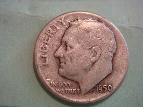 1950 D album filler Roosevelt Dime , actual coin in photo