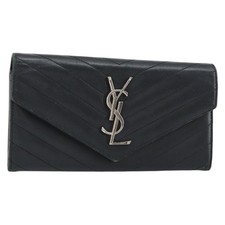 SAINT LAURENT Cassandra Long Wallet Leather Black Silver Auth 158181