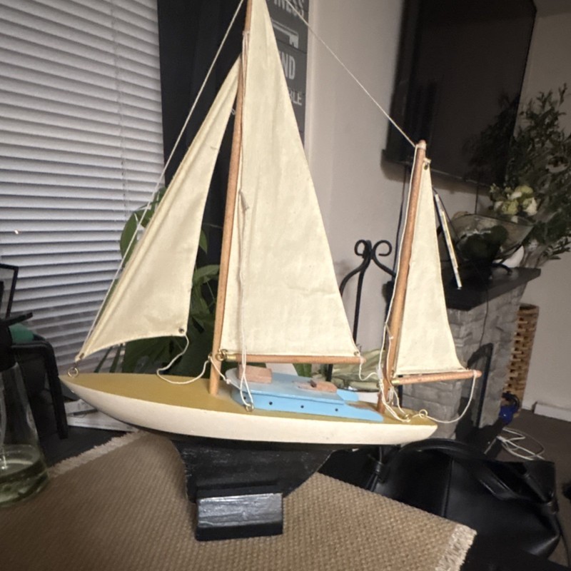 Pre-Built Wooden Sailboat Model w/ Fabric Sails, Nautical Display Stand