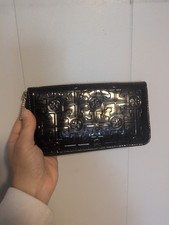 Tory Burch Black Patent Leather Zip-Around Logo Long Wallet