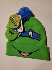 NWT TMNT Leonardo Winter Hat Mittens Set Kids Green Beanie Pom Nickelodeon NEW 