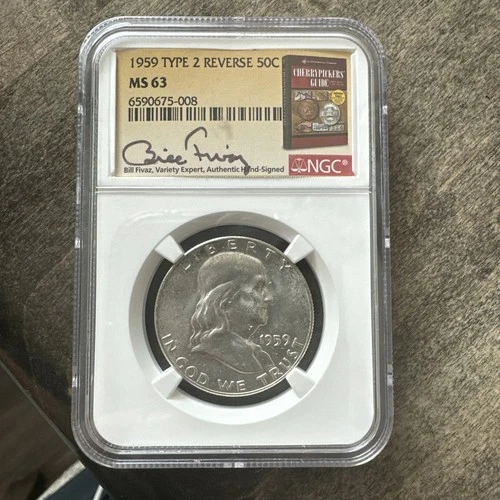 1959 Franklin Half Dollar Type 2 Reverse MS 63 NGC Silver Signed Bill Fivaz