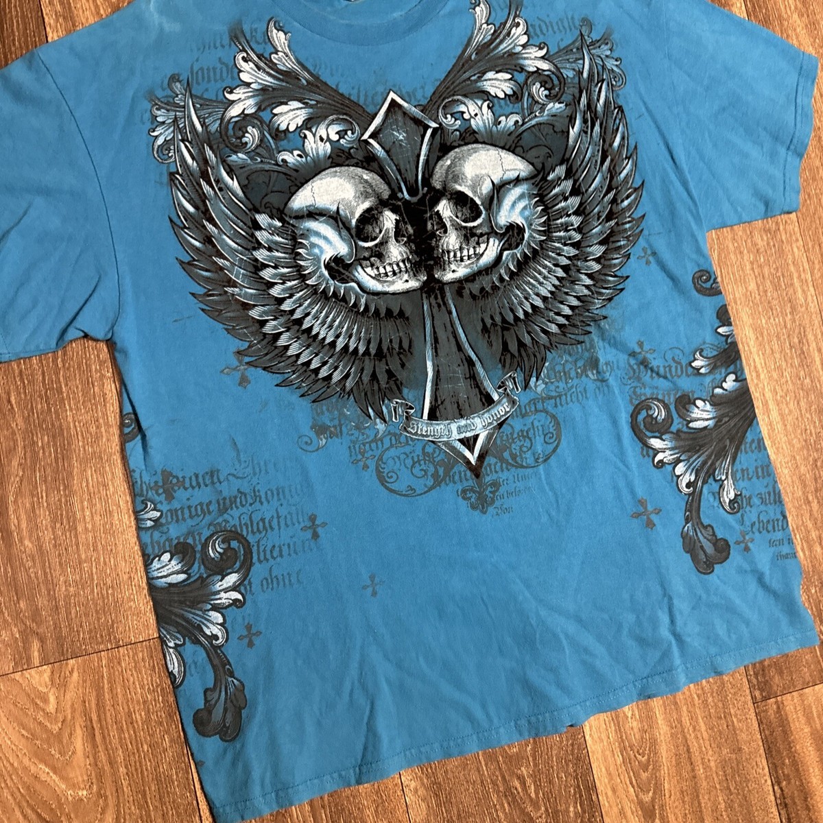 VTG Y2K Cyber Goth Cross Grunge Emo Skull Blue T-Shirt XL