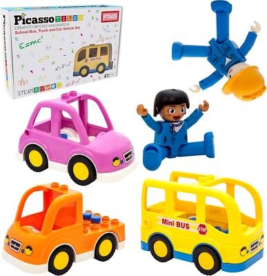 Picasso Tiles Magnetic Toy Character Action Figure with School Bus, Truck & Car