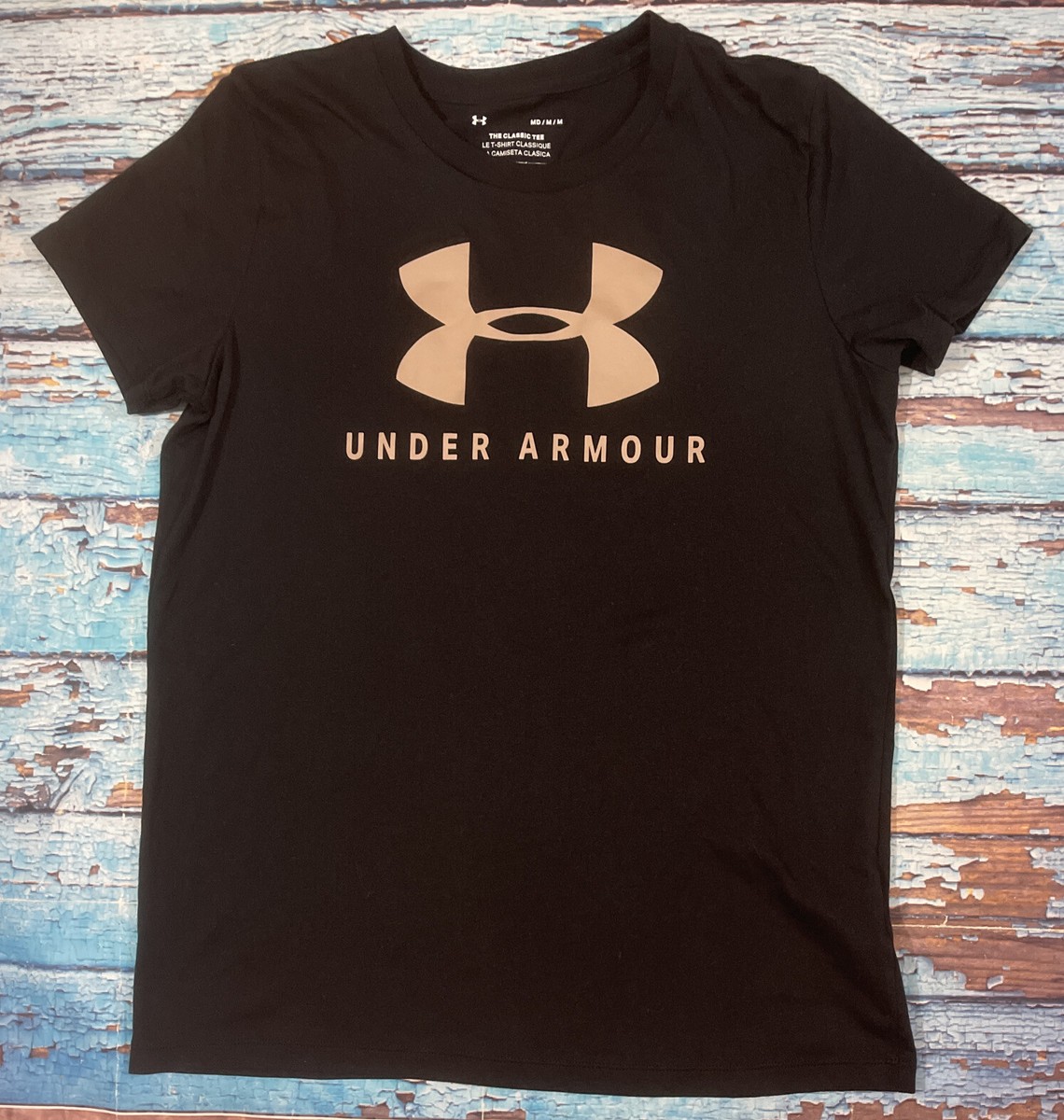 Womens UNDER ARMOUR Shirt Medium Black And Tan Short Sleeve