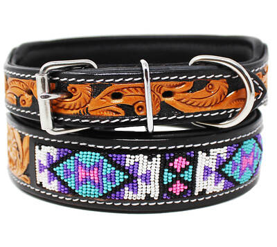 Padded Leather Dog Collar Beaded Floral Hand Tooled Western Adjustable All Breed