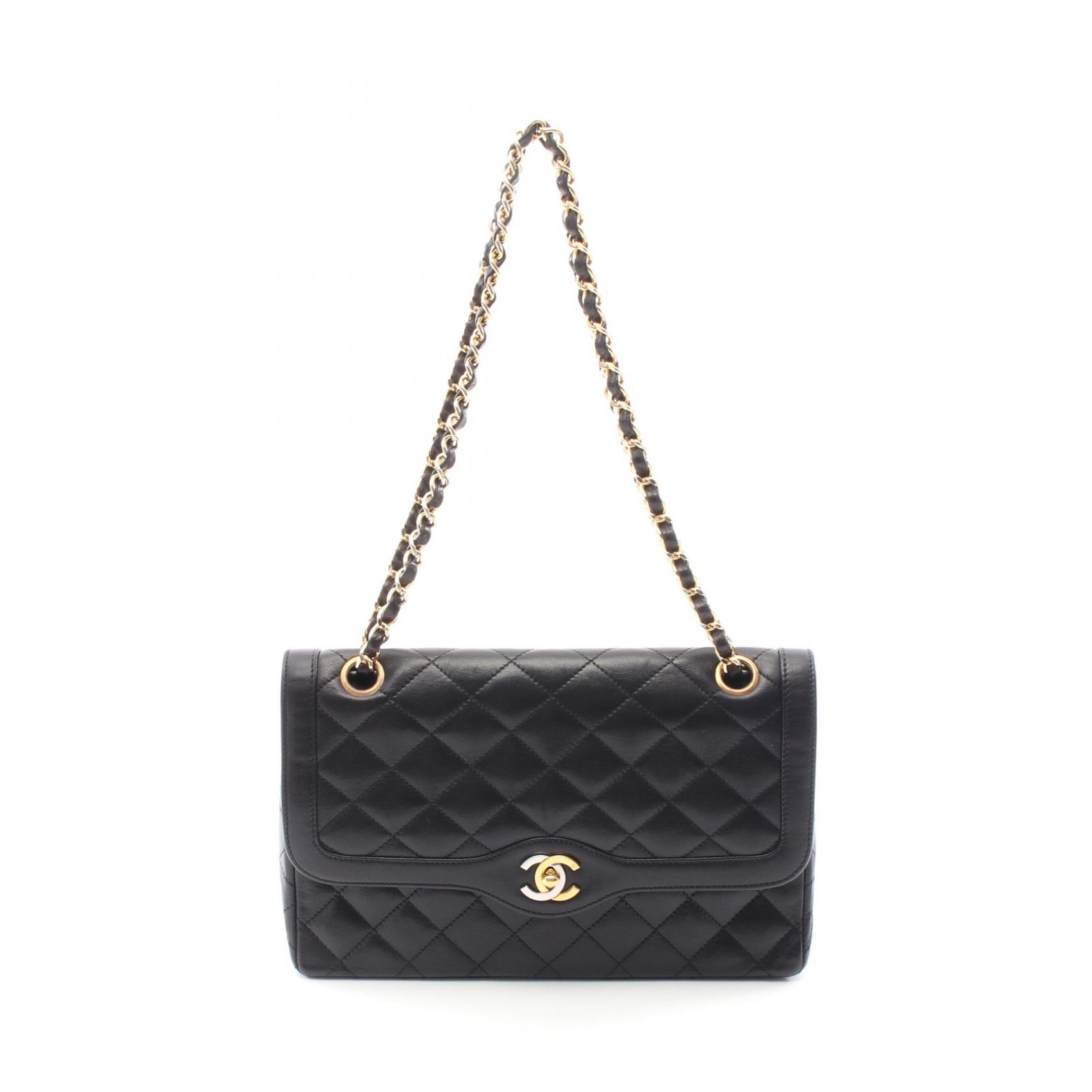 CHANEL Black Lamb Leather Matelasse W Flap Shoulder Bag with Chain GHW CC