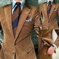Vintage Brown Corduroy Men's Suits Formal Slim Fit Blazer Wedding Groom Coat
