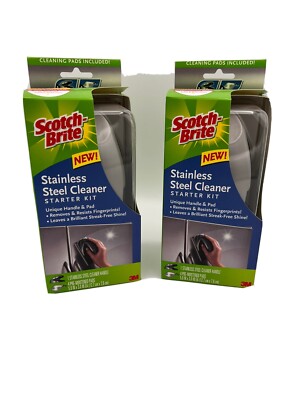 (2) Scotch Brite 3M Stainless Steel Cleaner Starter Kits W/ Handle 8 Refill Pads