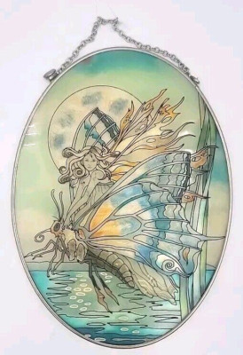 Stained Glass Art Fairy & Butterfly Flower Suncatcher Hanging Silver tone Oval