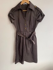 Bella Bleu Dress Womens Size 10 Dark Grey Buttons Pleated Tie Waist Short Sleeve
