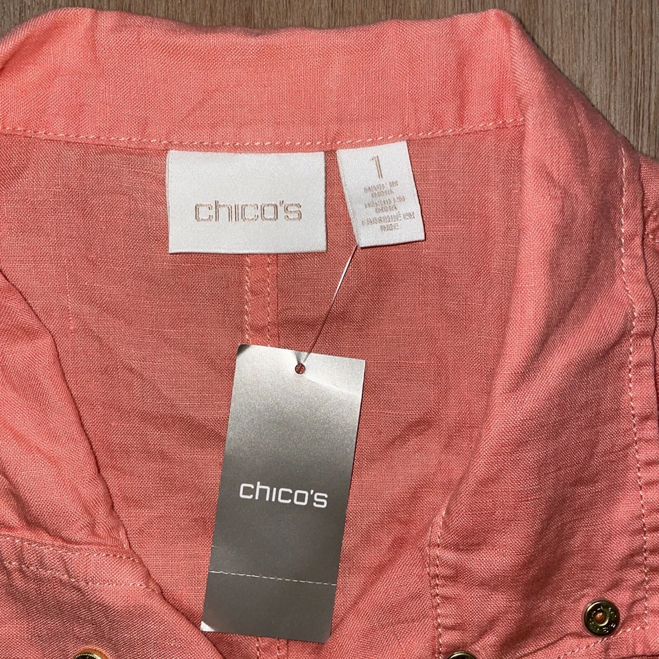 Chicos 3/4 Sleeve Button Down Front Zipper Pockets Linen Jacket Sz 1 Barbiecore - Image 3 of 4