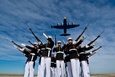 Blue Angels Flyover Above U.S. Marines Rifle Drill Formation   4x6 Photo Reprint