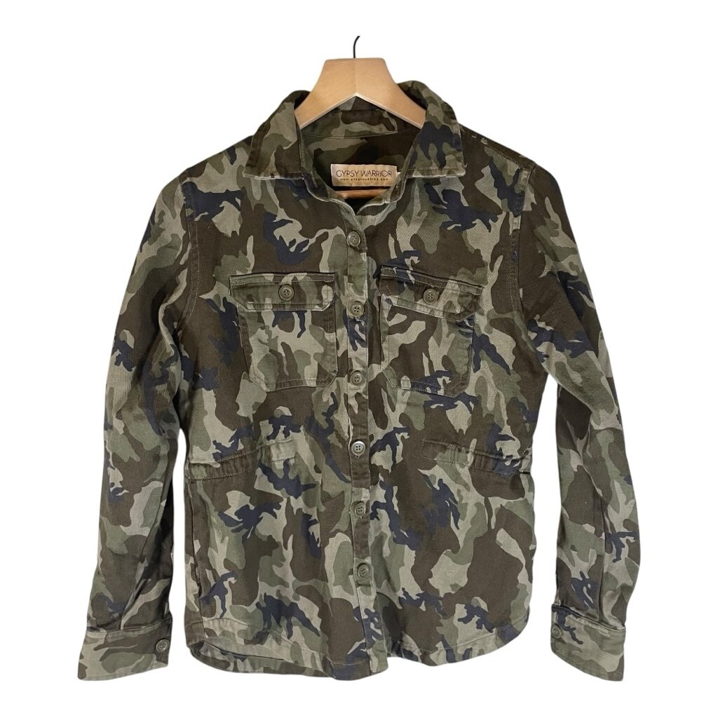 Gypsy Warrior Womens Jacket XS Green Brown Camo Button Up Military Utility Warm