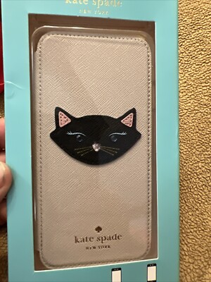 New Kate Spade Black Cat Head Tan Khaki Beige Leather Phone 6 6S Wrap Folio