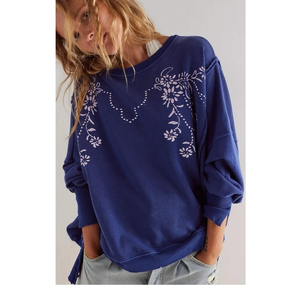 Pullover Free People Gráfico Camden Azul Floral Gran Tamaño XS Primavera Western Boho Foto 4 de 4