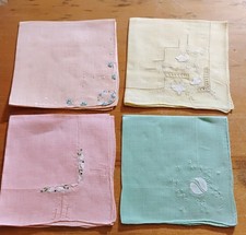 Vgt Lot Of 4 Cotton Pastel Decorated Hankies Handkerchiefs