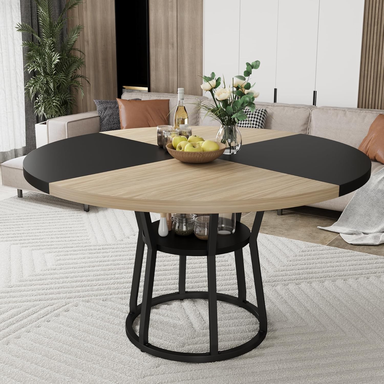 Round Dining Kitchen Table for 4-6 with Storage Dinner Table Dining Room Living