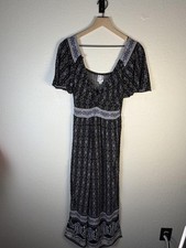 Blue Rain Black and White Patterned Midi Dress with Puff Sleeves