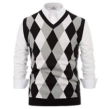 Paul Jones Men's Argyle Sweater Vest Knitted Casual V-Neck X-Large White-argyle