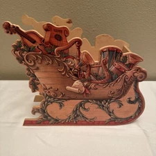 Vtg Wood Christmas Sleigh Card Box Or Centerpiece Laminated 10” X 8.5” X 3.5”