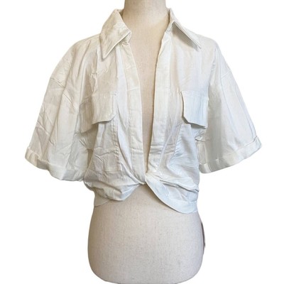 Commense Women's Open Collar Pockets Crop Twist Shirt Off White L NWT