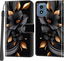 Case Wallet for Motorola Moto G Play 2024, Black Flower