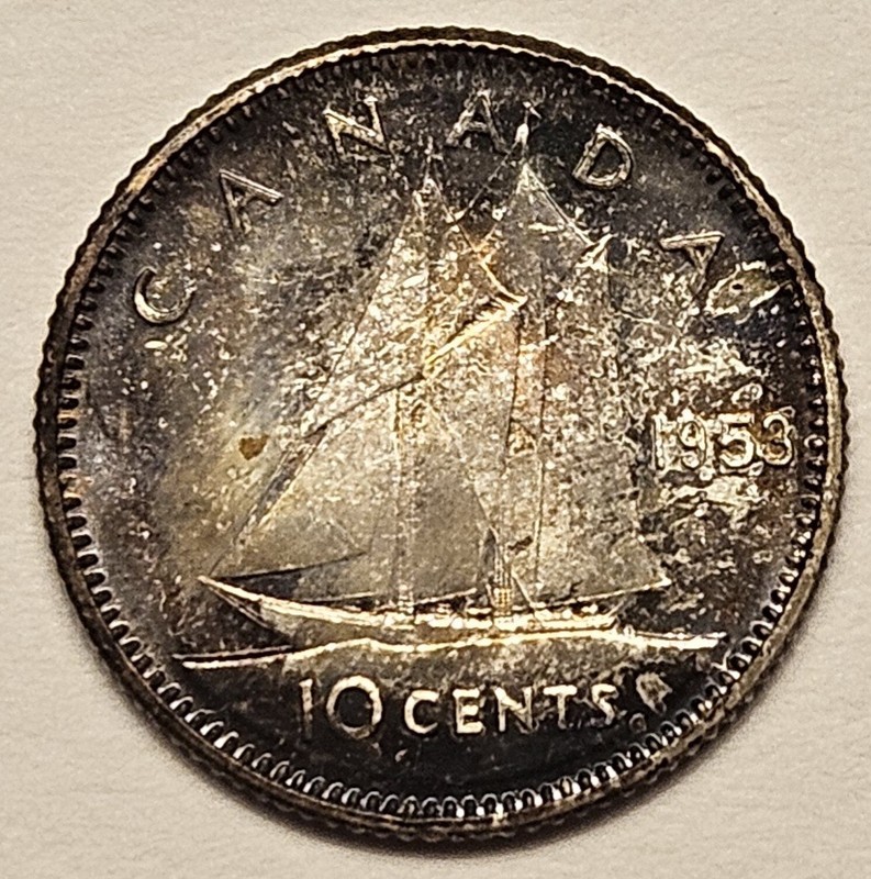 Canada, 1953 Elizabeth II Ten Cent. 10 Cents. MS Mint State Toned Monster Toning