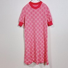 GUCCI GG Logo Knit Dress S Pink White Cotton Wool Interlocking Short Sleeve