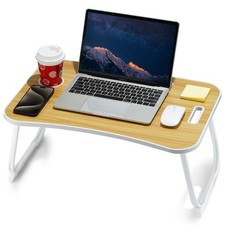 Foldable Wood Laptop Bed Desk - Portable Lap Table with Cup Holder Tablet Slot