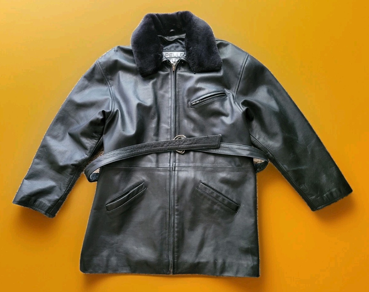 Pelle Studio Wilsons Leather Jacket Men's Small Black Long Full Zip Belted Coat