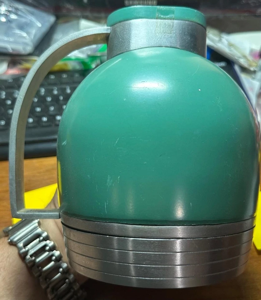 Botella de vacío termo Henry Dreyfuss diseño Art Deco #549 RARA aluminio verde azulado Foto 3 de 4