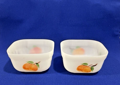2 Vintage Fire King Gay Fad Painted Fruit Oven Refrigerator Dish Container 4”