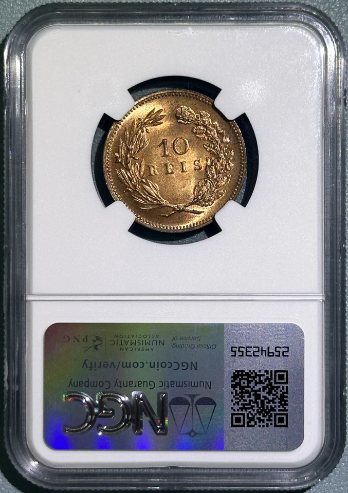 Portugal 1892 10 Reis Full Red Bronze ChBU Coin Carlos I Top Pop NGC MS65RB 5/0 - Image 2 of 3