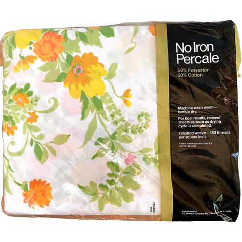 Vintage JC Penney Floral Twin Flat Sheet Yellow Orange Pink 66 x 96 No Iron - Picture 3 of 7