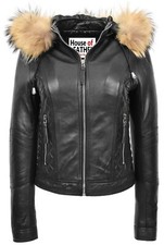 Womens Real Leather Biker Style Jacket Detachable Hoodie Lily Black