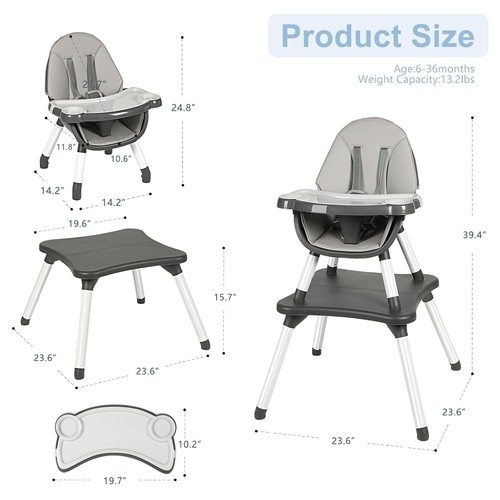 Portable Grey Baby Highchair with Adjustable Tray & Safety Harness for Infants - Picture 8 of 9
