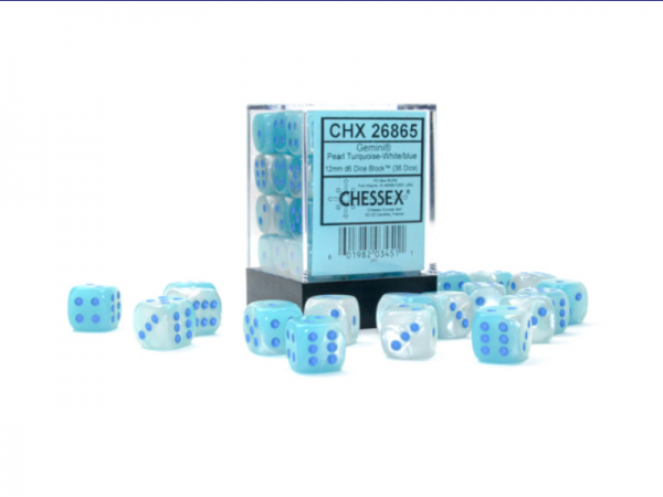 Chessex 26865 Gemini Pearl Turquoise White/Blue 12mm d6 Dice Block