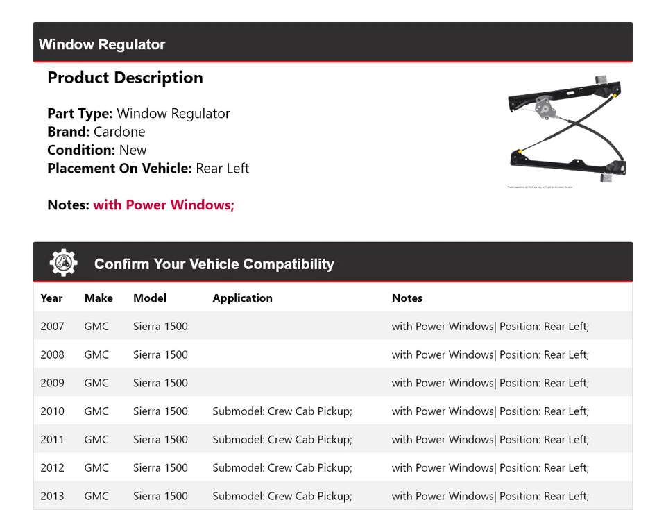Regulador de ventana trasero izquierdo Cardone 2008 2009 2010 para GMC Sierra 1500 2007-2013 Foto 2 de 4