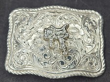 Vintage Silver Tone Metal Western Belt Buckle w/ Saddle Made In USA