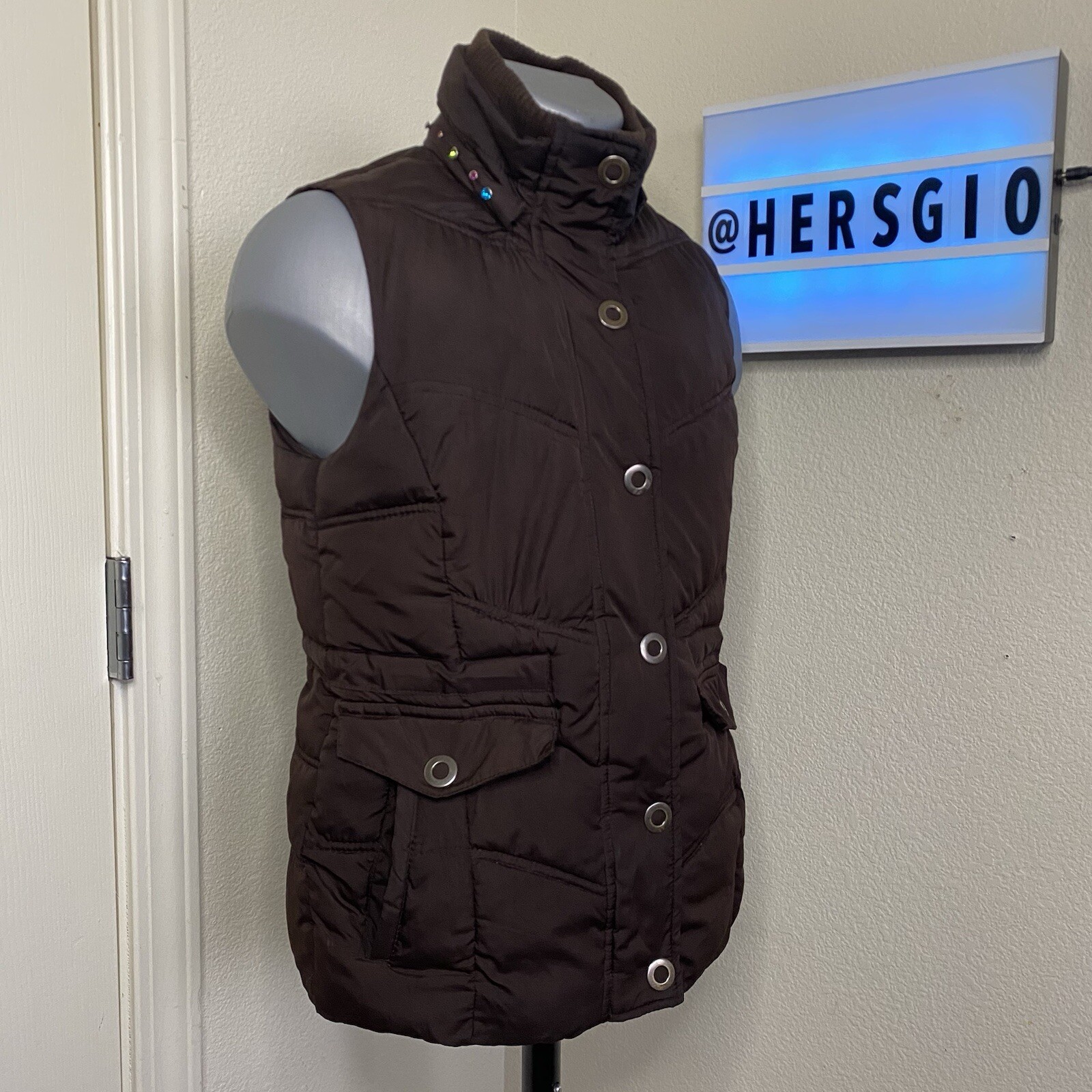 Puffer Jacket Vest Adult Small Gemstone Jewel Studded Zip Up Y2K Japanese Utilit-image