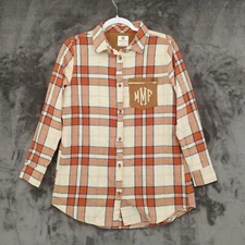 Marley Lilly Shirt Top Flannel Button Up Womens Small Cotton Beige Orange Plaid